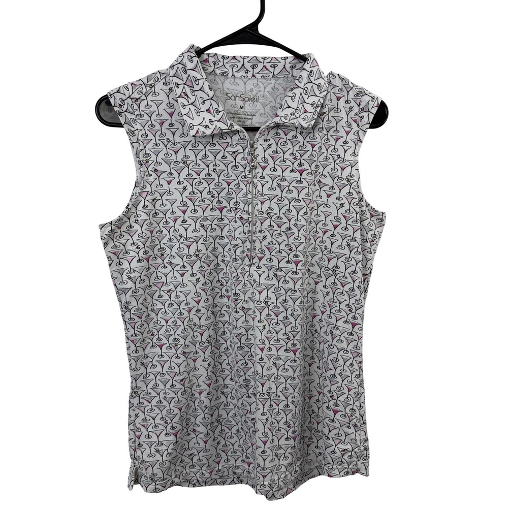 SanSoleil Top Womens Medium White Martini Glass Print Sleeveless Golf Polo Zip